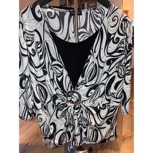 Vintage Brittany‎ Black Women's 2X Blouse Black White Abstract Print 3/4 Sleeve